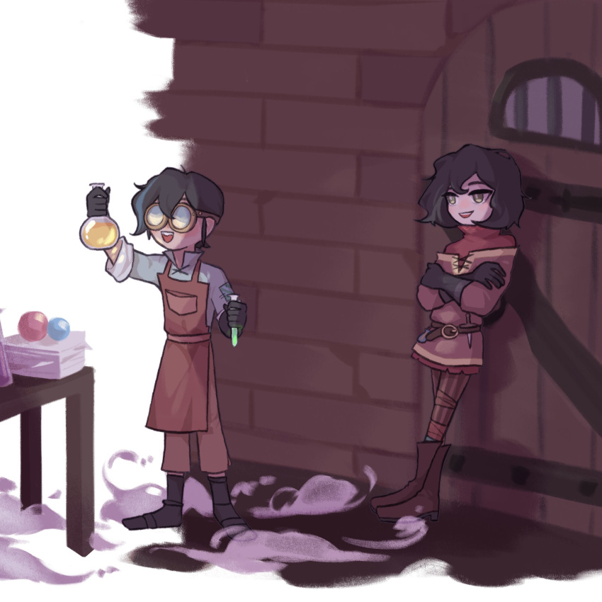 1boy, 1girl, against_wall, apron, belt, black_hair, boots, bright_pupils, brown_apron, brown_shirt, cassandra_(tangled), chibi, crossed_arms, dagger, door, full_body, glasses, gloves, green_eyes, green_shirt, hair_between_eyes, highres, kameko_mikan, knife, long_sleeves, looking_at_another, off-shoulder_shirt, off_shoulder, open_mouth, pants, red_shirt, shirt, shirt_under_shirt, short_hair, short_sleeves, smile, standing, striped_clothes, striped_pants, table, tangled, tangled:_the_series, teeth, turtleneck, upper_teeth_only, varian_(tangled), vertical-striped_clothes, vertical-striped_pants, weapon, white_pupils