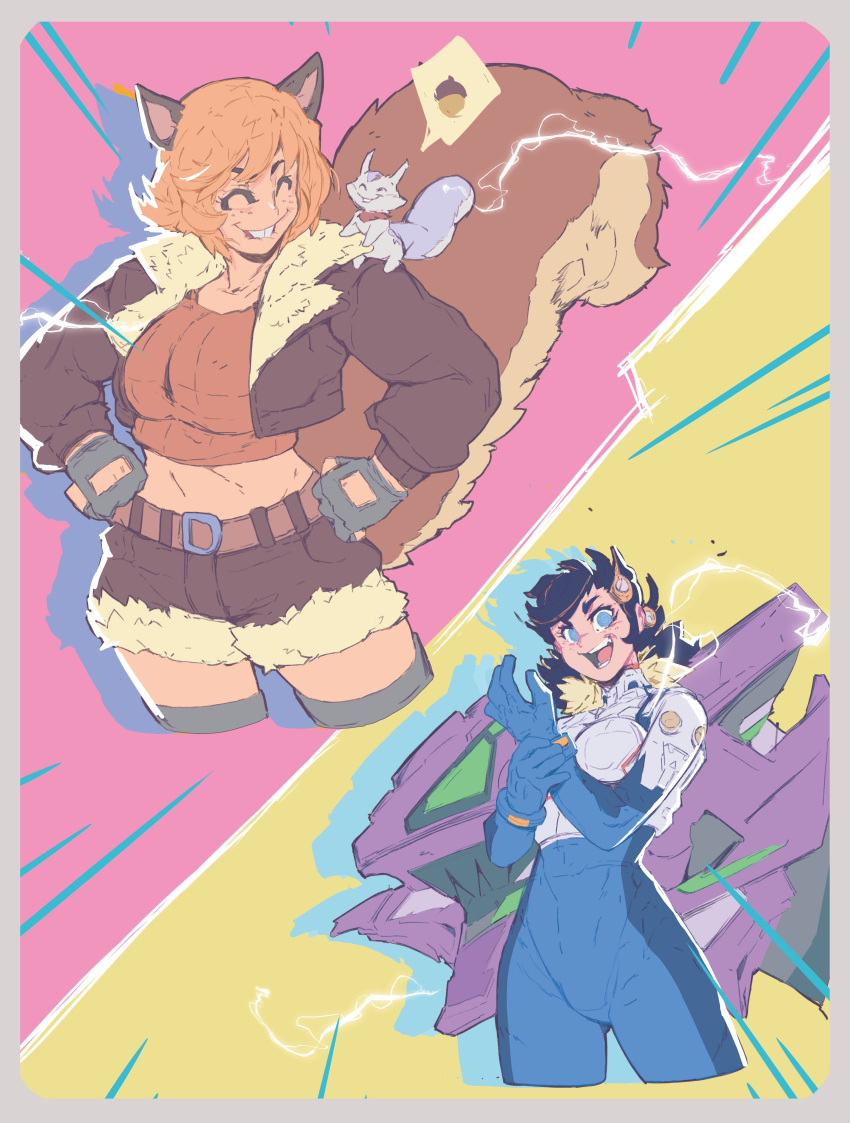 2girls, 7_passes, @_@, absurdres, acorn, animal_ears, armor, belt