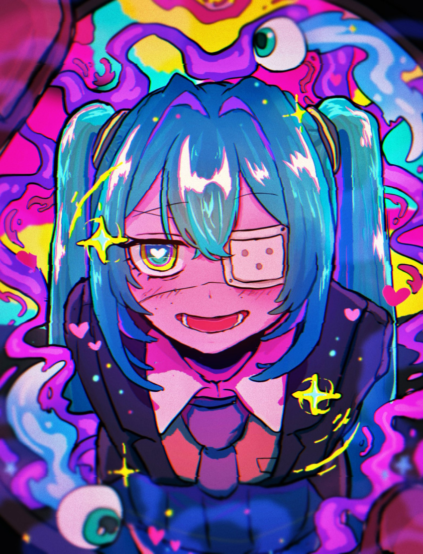 1girl, aqua_eyes, aqua_hair, arms_behind_back, black_jacket, blue_skirt, breast_pocket, collared_shirt