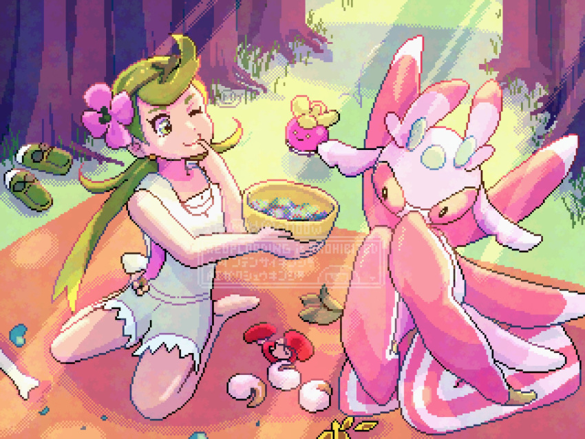 1girl, ;), barefoot, bounsweet, bowl, finger_to_mouth, flower, grass, green_eyes, green_hair, green_headband, grey_overalls, hand_up, headband, highres, holding, holding_bowl, index_finger_raised, long_hair, lurantis, mallow_(pokemon), o1168w, one_eye_closed, outdoors, overalls, pink_flower, pink_shirt, pixel_art, pokemon, pokemon_(creature), pokemon_sm, shirt, shoes, sitting, smile, tree, unworn_shoes, wariza