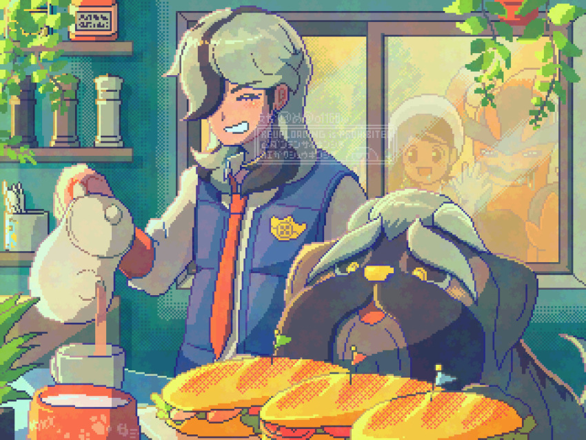 1boy, 1girl, :d, ^_^, absurdres, against_window, arven_(pokemon), black_hair