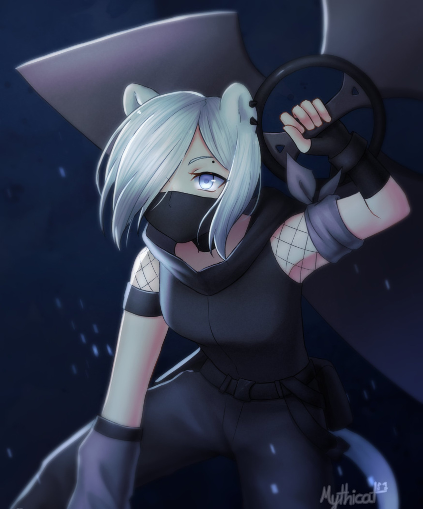 1girl, animal_ears, arknights, black_gloves, blue_eyes, fingerless_gloves, fishnets, gloves, hair_over_one_eye, highres, holding, looking_at_viewer, mask, mouth_mask, mythicat, ninja, ninja_mask, piercing, shirayuki_(arknights), shirt, short_hair, solo, stoat_girl, tail, weapon, weasel_ears, weasel_girl, weasel_tail, white_hair