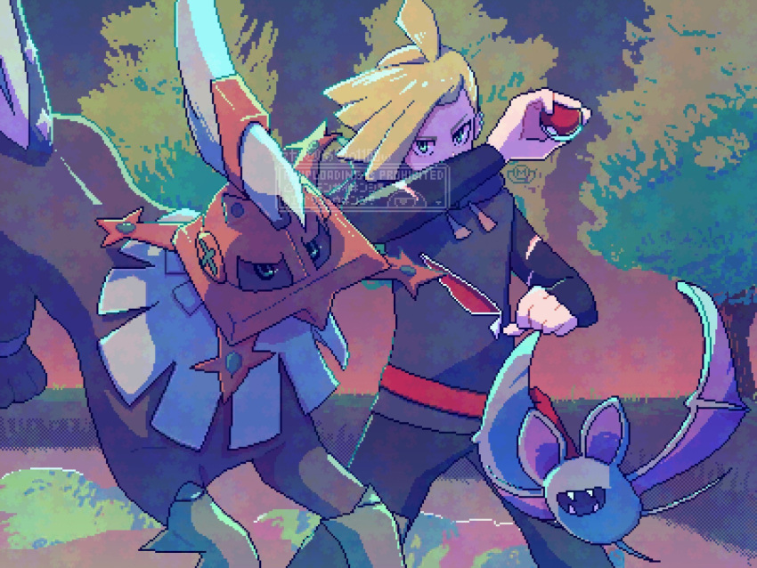 1boy, black_hoodie, black_pants, blonde_hair, clenched_hand, gladion_(pokemon), green_eyes, highres