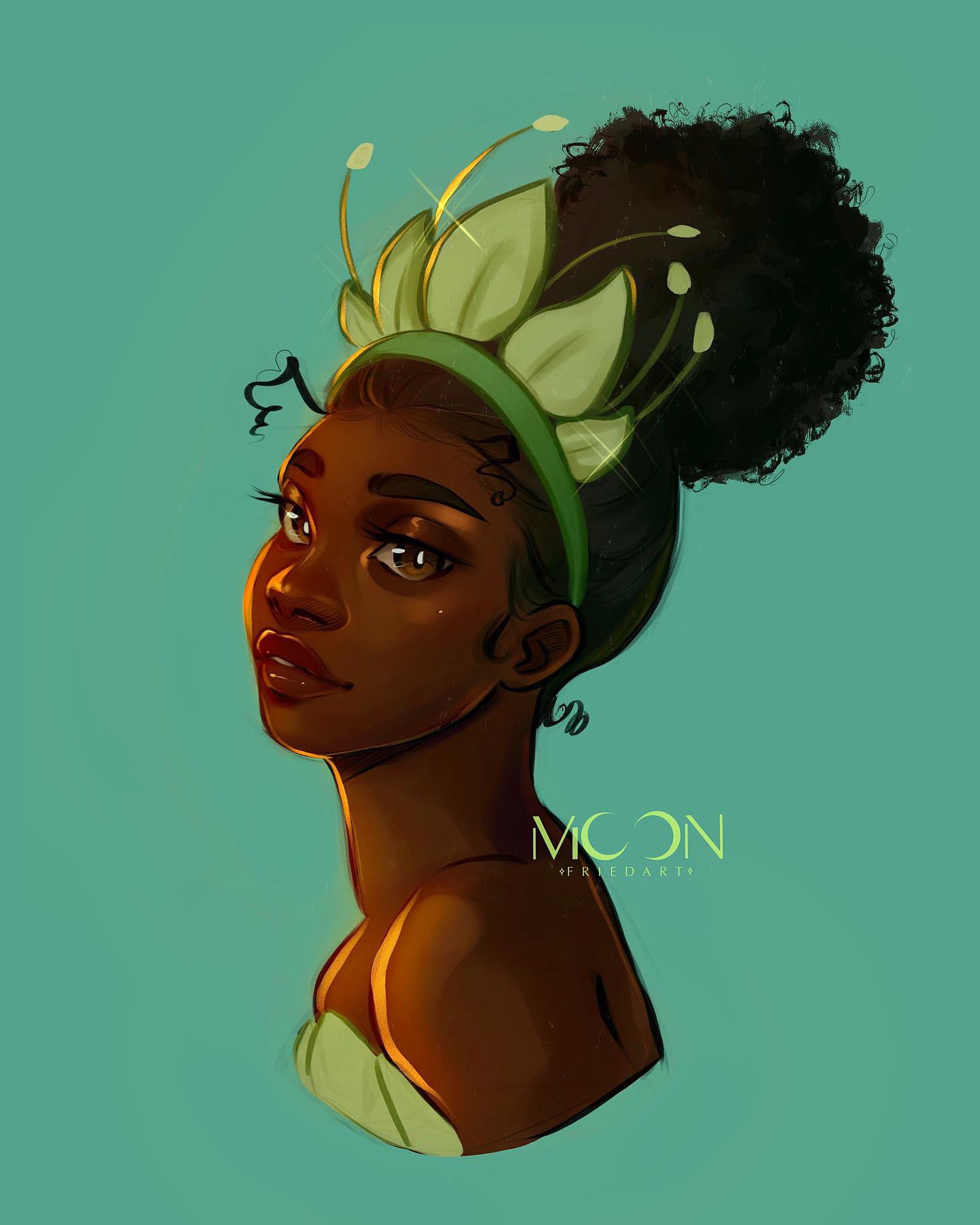 1girl, artist_name, black_hair, brown_eyes, brown_hair, dark-skinned_female, dark_skin, disney, dress, flower, hair_bun, highres, jewelry, long_hair, moonfriedart, necklace, signature, simple_background, smile, solo, the_princess_and_the_frog, tiana_(the_princess_and_the_frog)