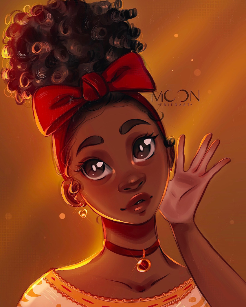 1girl, bow, brown_eyes, brown_hair, choker, curly_hair, dark-skinned_female, dark-skinned_male