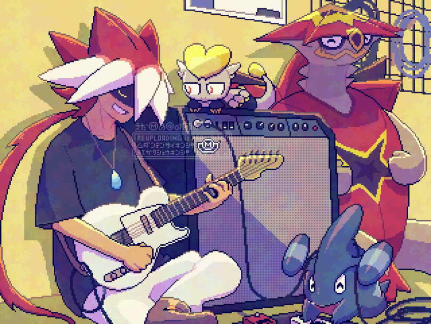 1boy, black_shirt, brown_footwear, closed_eyes, gabite, grin, guitar, highres