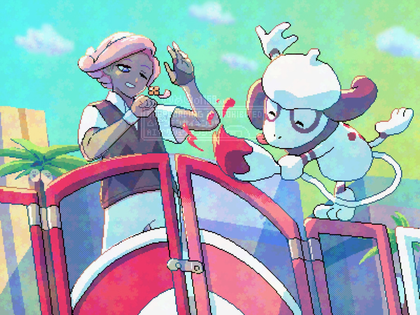 1boy, alolan_exeggutor, blue_eyes, brown_vest, clouds, collared_shirt, dark-skinned_male, dark_skin