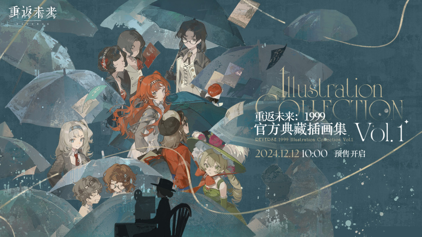 6+girls, apple, apple_(reverse:1999), bare_shoulders, black_bow, black_bowtie, black_coat, black_eyes