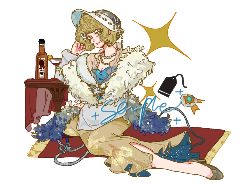 1girl, blonde_hair, blue_shirt, brown_footwear, carpet, cloche_hat, cocktail_glass, cup