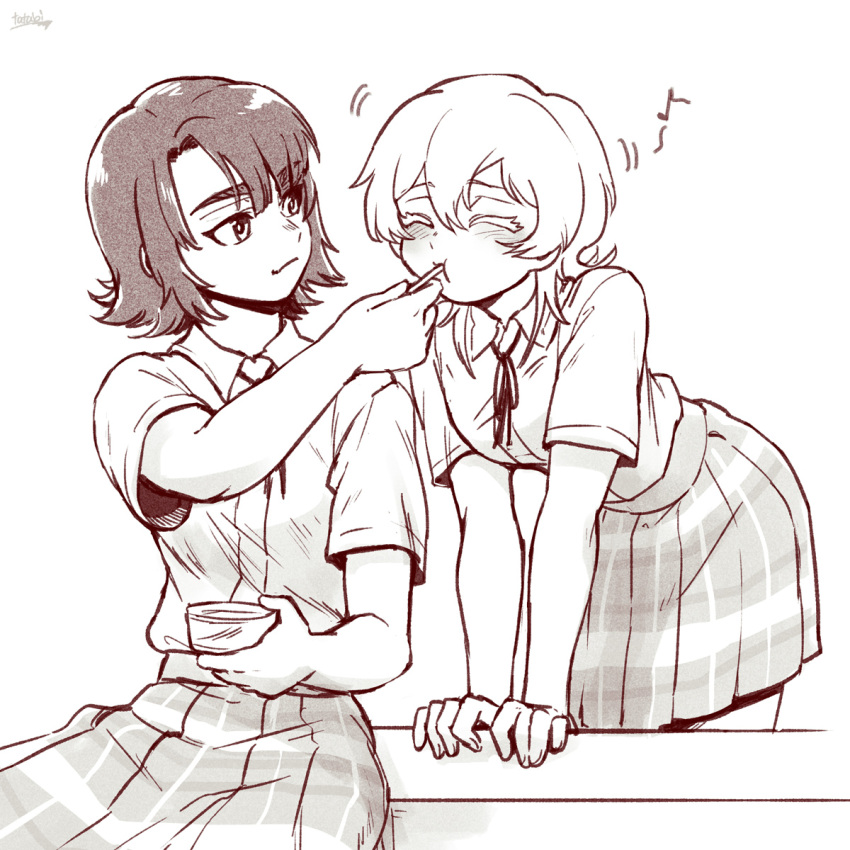2girls, :t, arm_support, blush, closed_eyes, closed_mouth, collared_shirt, colored_eyelashes