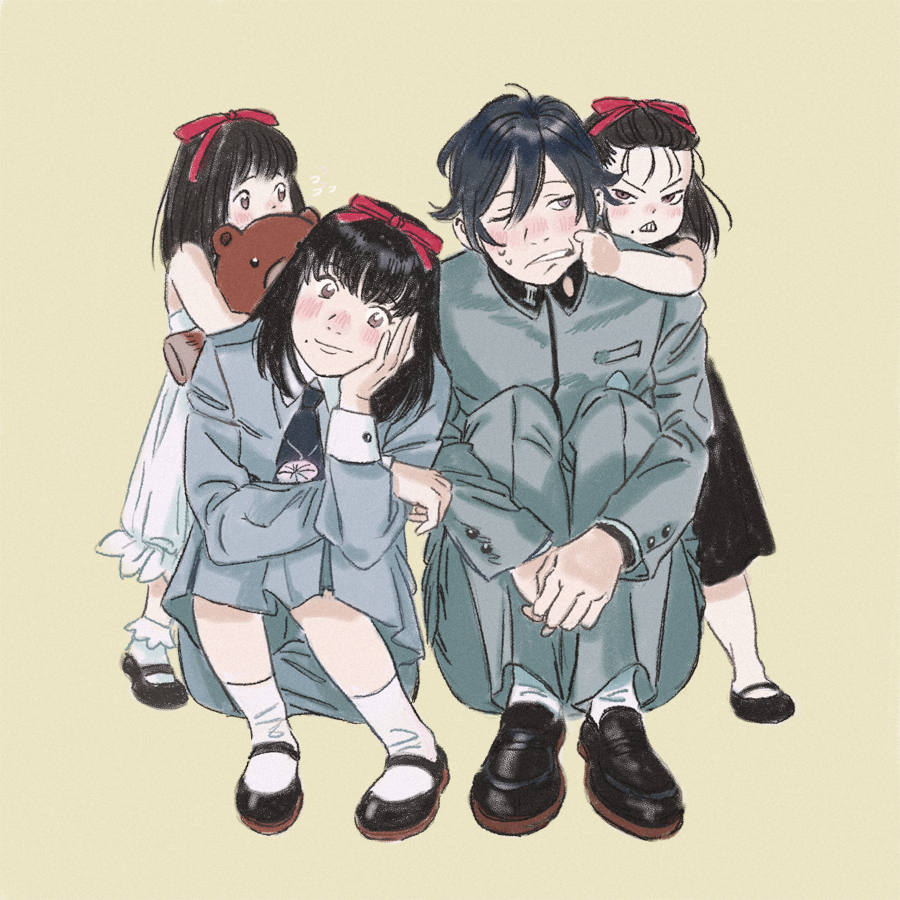 1boy, 3girls, aki_(persona), amber389, black_footwear, black_hair, blush, child