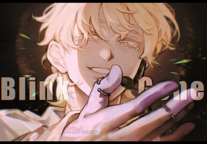 1boy, aiira_(mud_o), alien_stage, artist_name, blonde_hair, colored_extremities, commentary, english_text