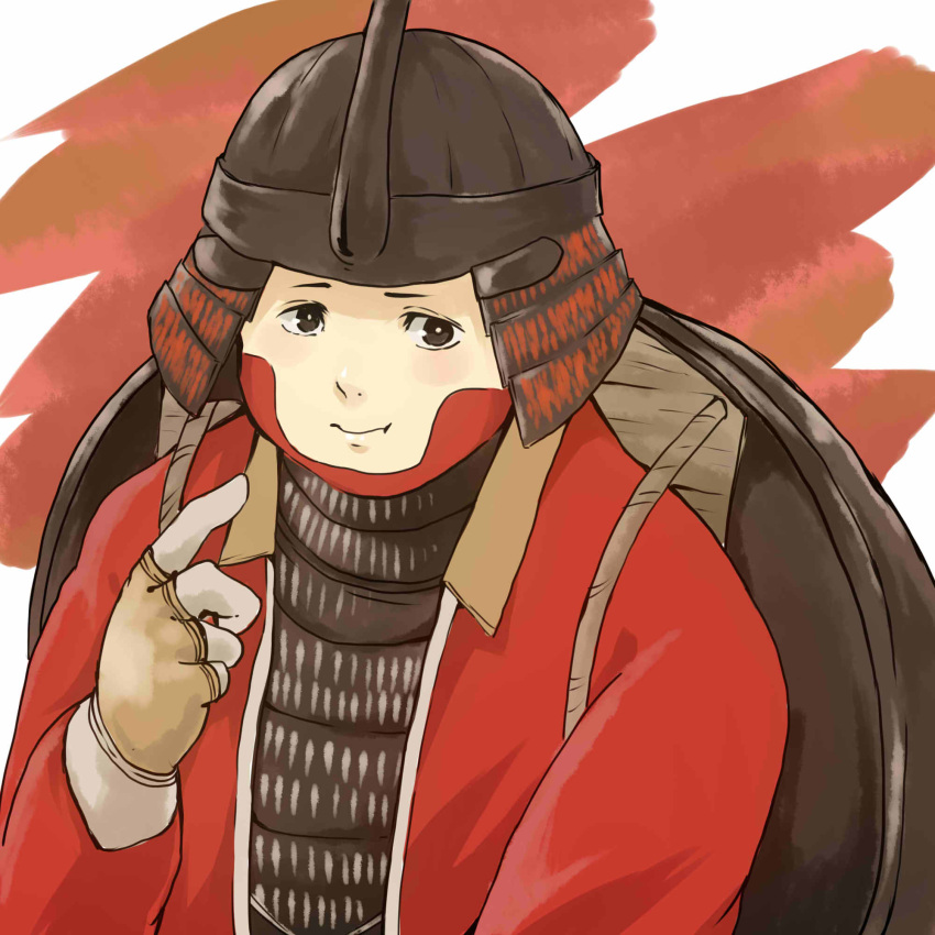 1boy, :t, amoko, armor, brown_eyes, gloves, grey_gloves, helmet