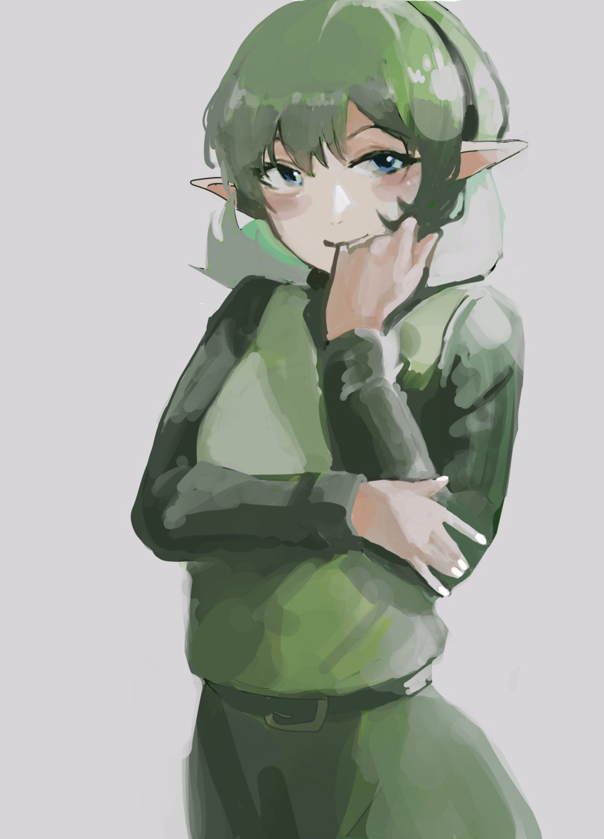 1girl, belt, belt_buckle, blue_eyes, buckle, closed_mouth, fingernails, green_belt