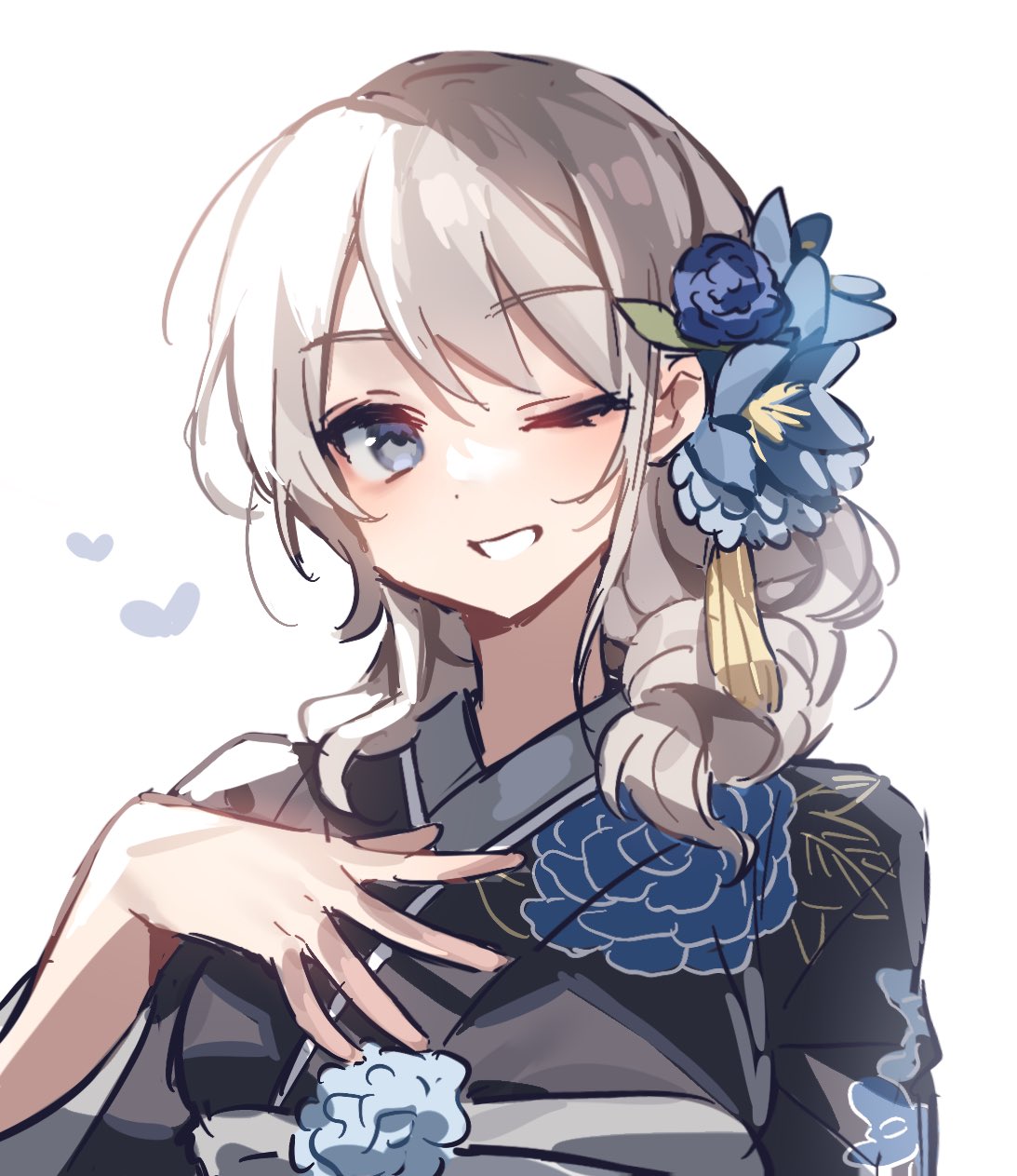 1girl, black_kimono, chills_210, chinese_commentary, commentary_request, flower, girls_band_cry, grey_eyes