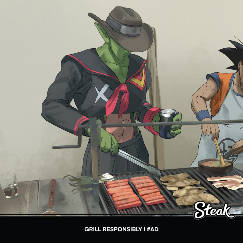2boys, apron, beer_can, black_hair, broonoart, can, colored_skin, commentary, cooking, cosplay, cowboy_hat, dougi, dragon_ball, drink_can, english_commentary, english_text, food, frown, green_skin, grill, grill_la_grill_(meme), hat, highres, holding, holding_can, holding_spatula, kill_la_kill, making-of_available, male_focus, matoi_ryuuko, matoi_ryuuko_(cosplay), meat, meme, multiple_boys, orange_shirt, outdoors, photo-referenced, piccolo, sausage, senketsu, shirt, son_goku, spatula, spiky_hair