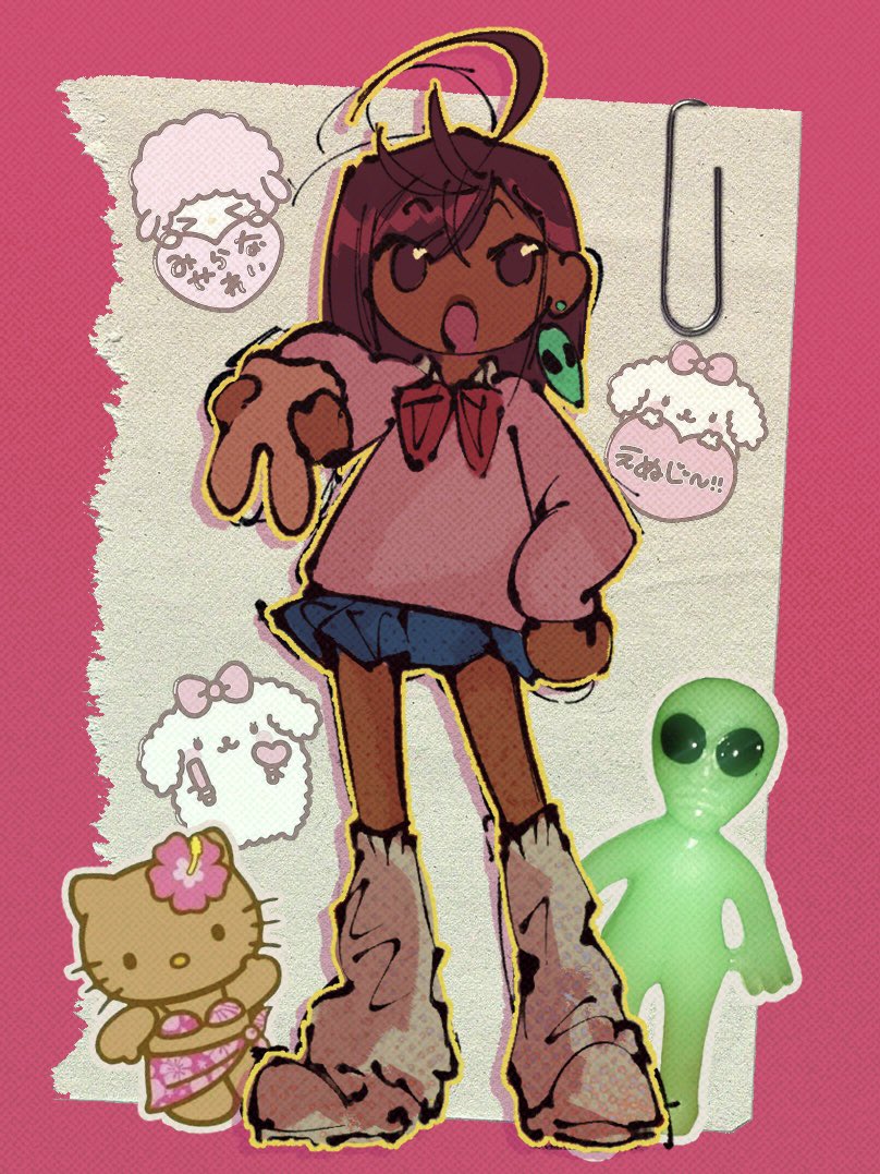 :3, :o, ahoge, alien, alternate_skin_color, ayase_momo, bikini, blue_skirt