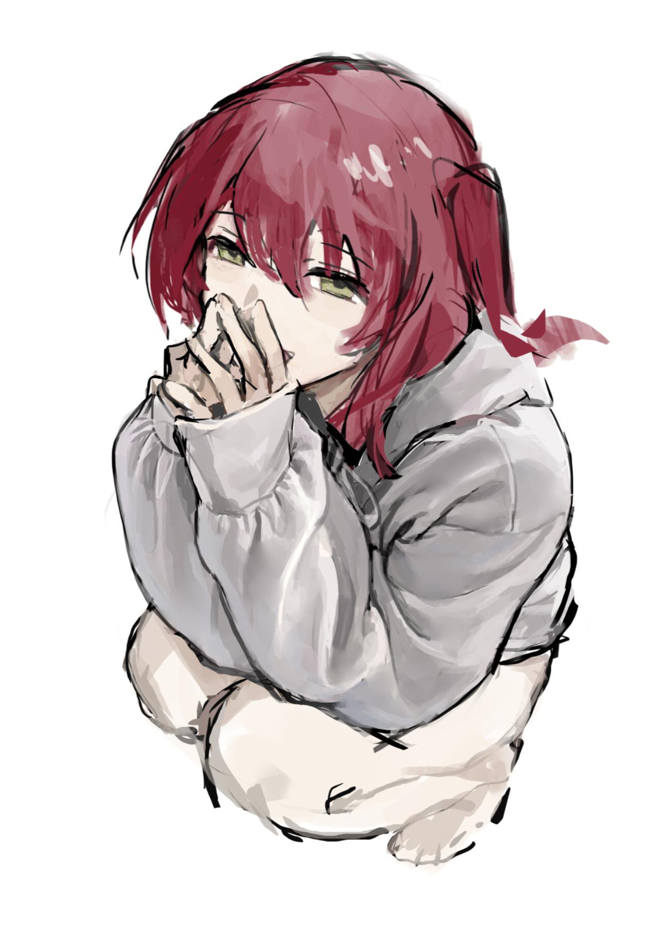 1girl, barefoot, bocchi_the_rock!, grey_hoodie, hair_between_eyes, highres, hood, hood_down