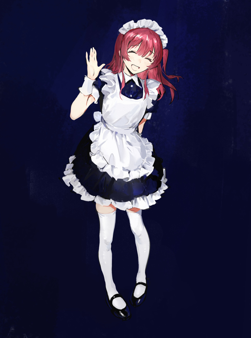 1girl, ^_^, absurdres, apron, black_dress, black_footwear, bocchi_the_rock!, closed_eyes