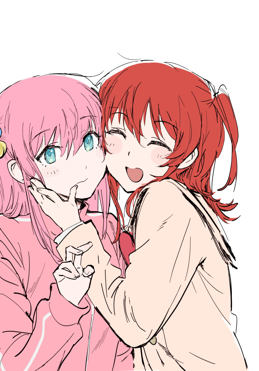 2girls, ^_^, absurdres, blue_eyes, blush, bocchi_the_rock!, brown_shirt, closed_eyes, closed_mouth, commentary, cube_hair_ornament, gotoh_hitori, hair_between_eyes, hair_ornament, hand_on_another's_cheek, hand_on_another's_face, hand_up, highres, jacket, long_hair, long_sleeves, multiple_girls, one_side_up, open_mouth, pink_hair, pink_jacket, redhead, school_uniform, shirt, shuka_high_school_uniform, sidelocks, simple_background, symbol-only_commentary, tmgningen, upper_body, v, white_background, yuri