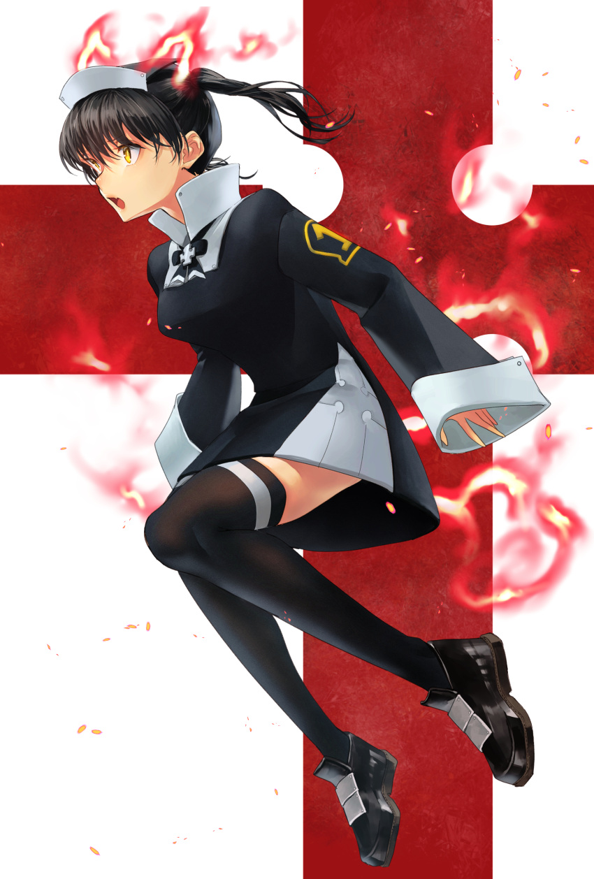 1girl, absurdres, black_dress, black_footwear, black_hair, black_ribbon, black_thighhighs, breasts