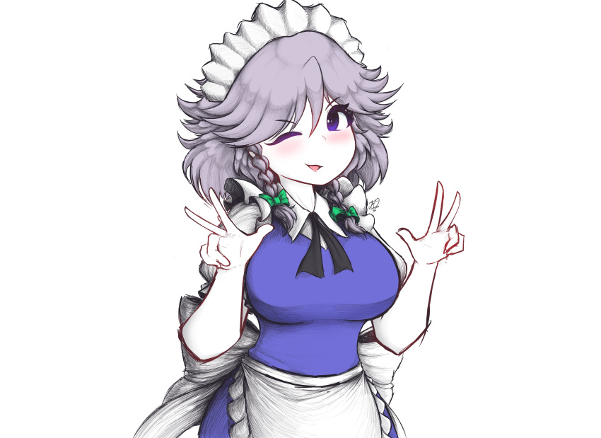 1girl, ;d, absurdres, apron, arms_up, blue_dress, blue_eyes, bow