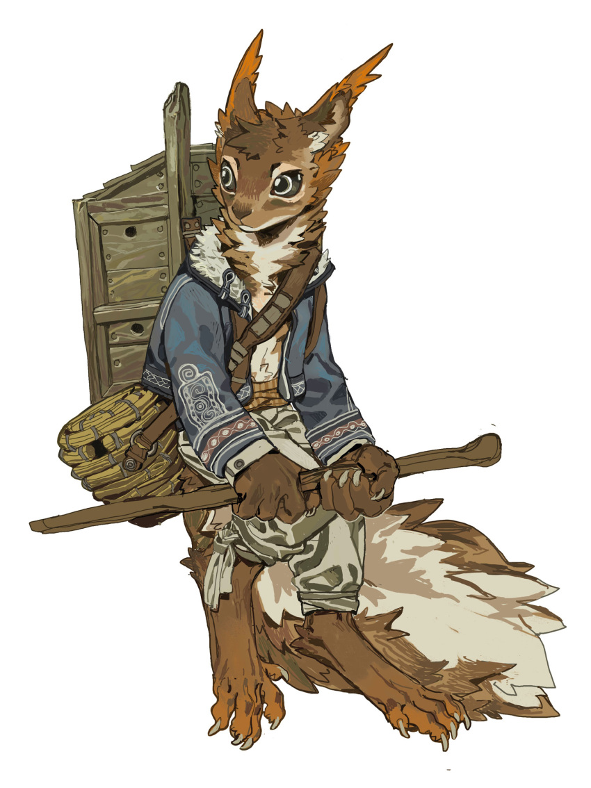 1boy, animal_ears, barefoot, black_eyes, black_sclera, blue_jacket, brown_fur, colored_sclera