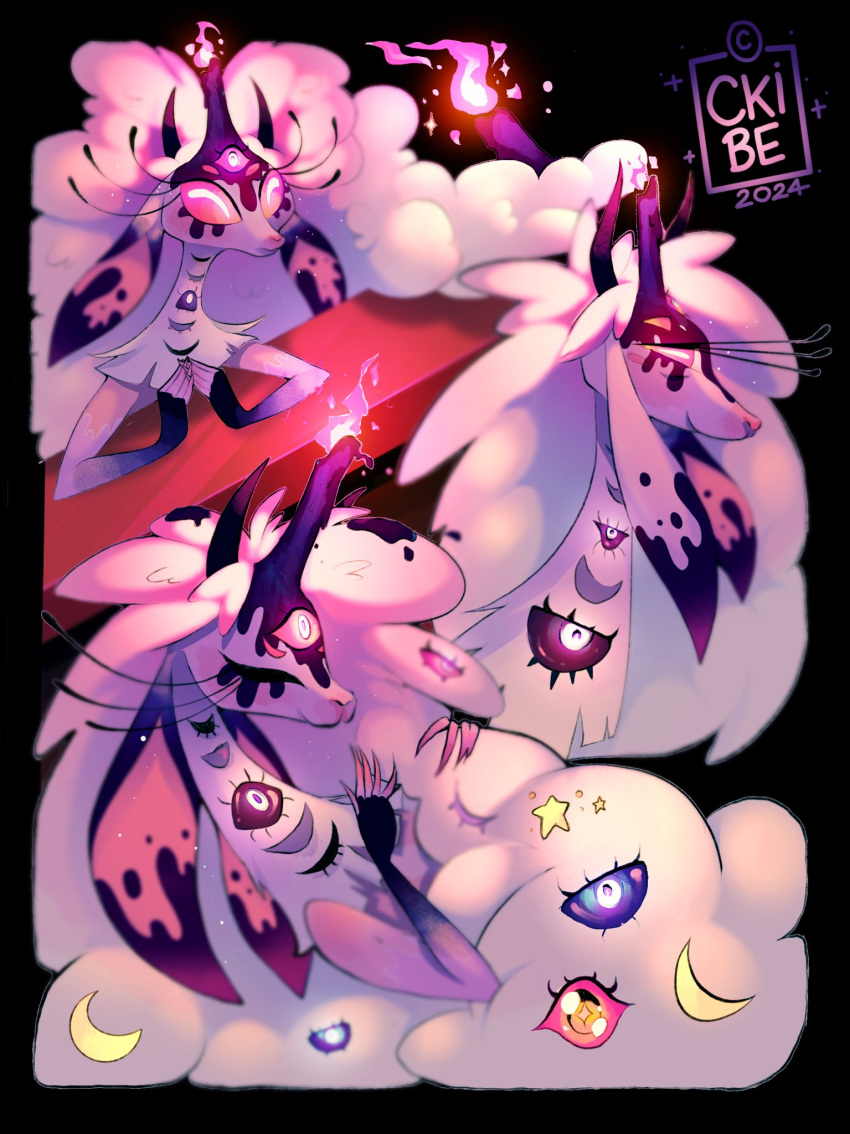 1girl, belphegor_(helluva_boss), c_kibe, candle, demon_girl, dress, extra_eyes, fire