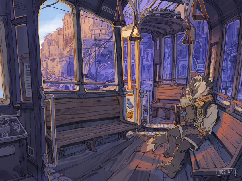 1boy, animal_ears, artist_name, barefoot, bench, blue_shorts, closed_eyes, evening, full_composition, handlebar, highres, leaning, original, scarf, scenery, shorts, signature, sitting, sleeping, solo, suitcase, tail, train_interior, tuozhazi, wide_shot, window, wolf_boy, wolf_ears, wolf_tail, yellow_scarf