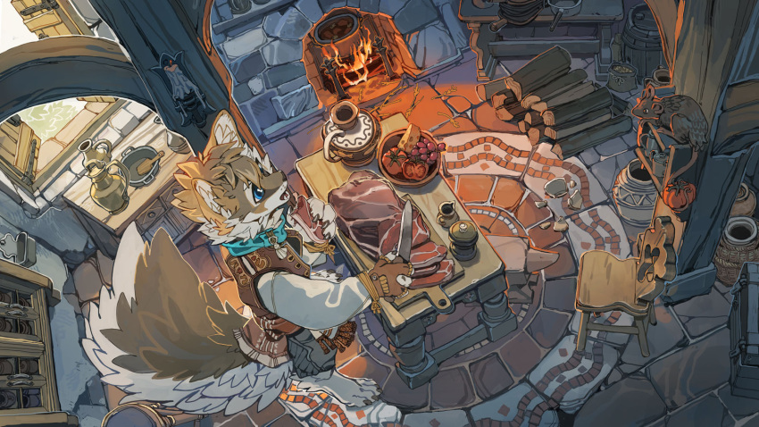 1boy, animal_ears, anvil, barefoot, blue_eyes, bowl, brown_fur, candle
