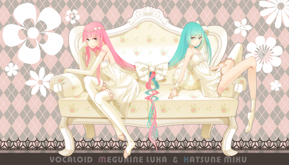 aqua_eyes, aqua_hair, blue_eyes, bow, chin_rest, couch, elbow_gloves, footwear