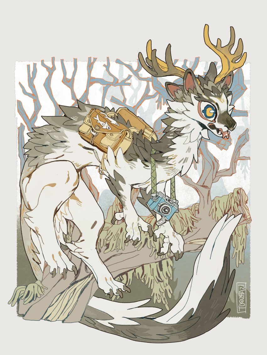 animal_focus, antlers, artist_name, bag, blue_eyes, border, branch, camera, camera_around_neck, claws, from_side, full_body, grey_border, highres, horns, monster, multiple_animal_ears, no_humans, on_branch, open_mouth, original, outside_border, signature, solo, tail, tongue, tongue_out, tuozhazi, yellow_pupils