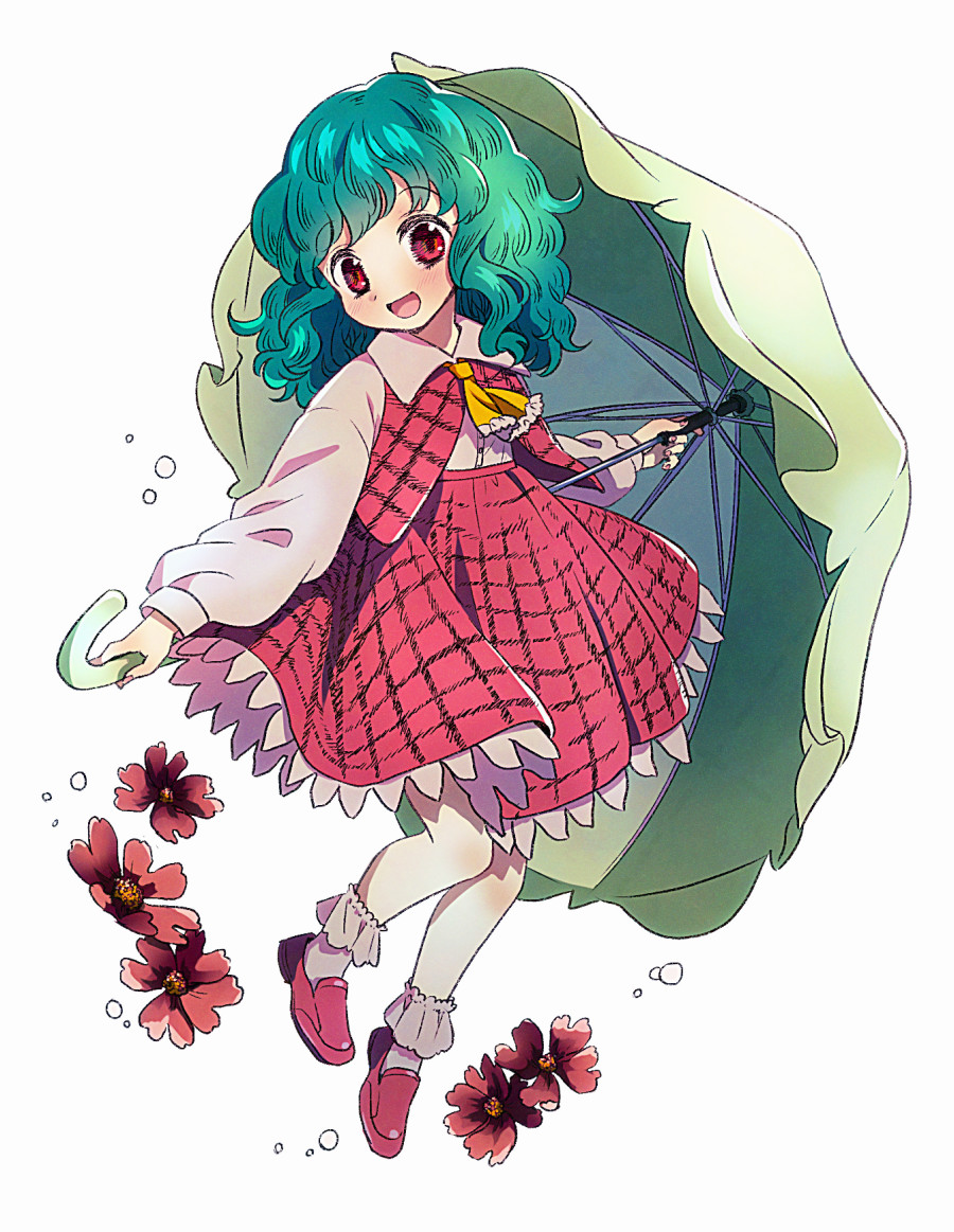 1girl, :d, ascot, bobby_socks, collared_shirt, commentary, flower, full_body