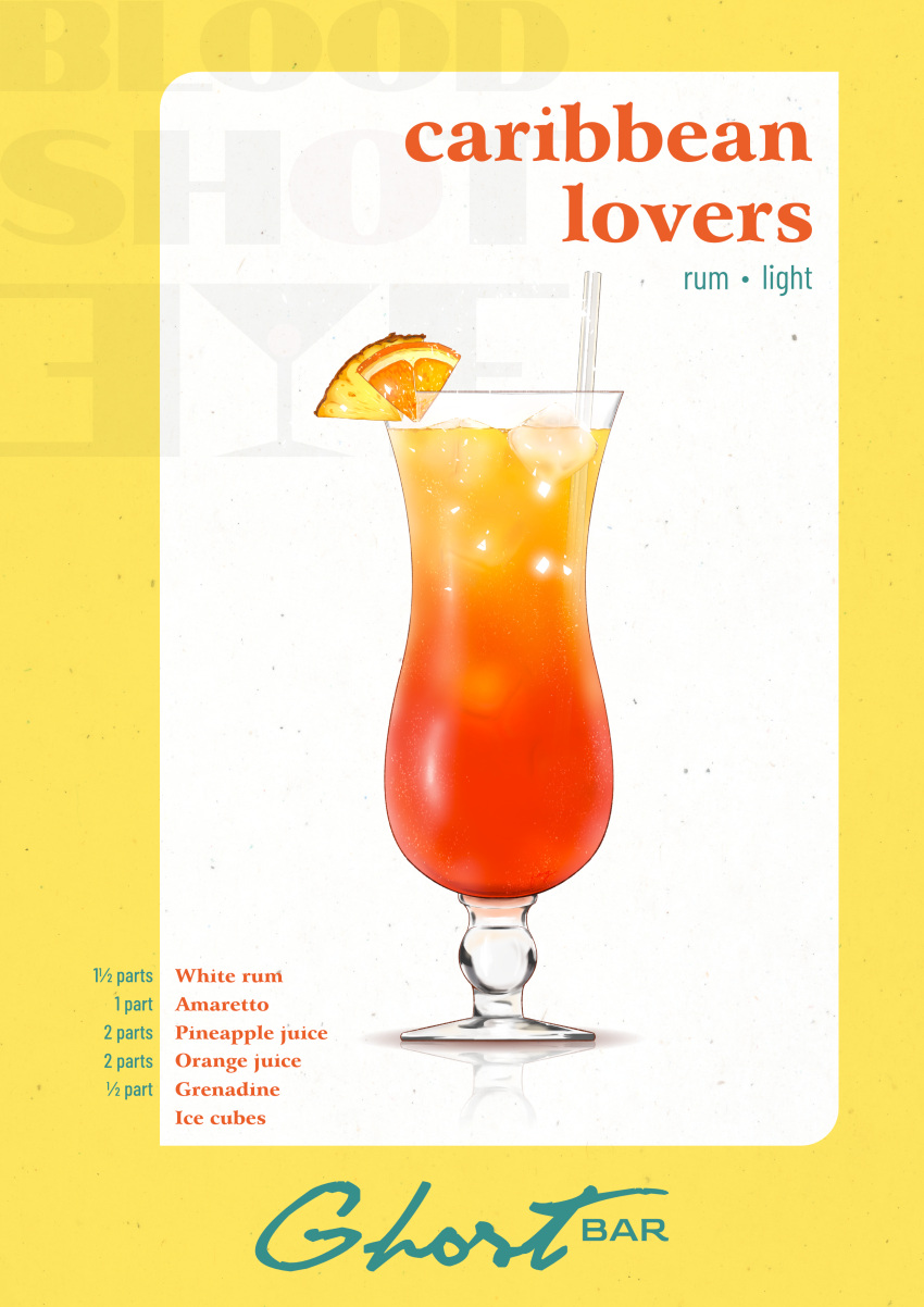 absurdres, alcohol, border, cocktail, commentary_request, cup, drink, drinking_glass, drinking_straw, english_text, food, food_focus, fruit, highres, hurricane_glass, ice, ice_cube, minchansan, no_humans, orange_(fruit), orange_slice, orange_theme, original, pineapple, pineapple_slice, recipe, rum, simple_background, still_life, text_background, white_background, yellow_border