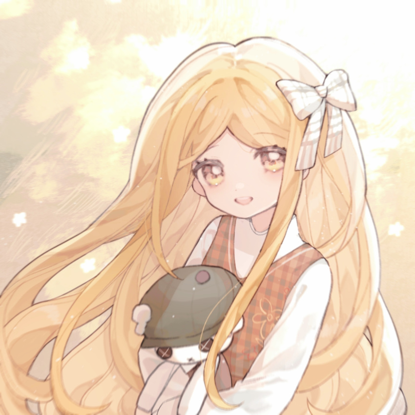 1girl, :d, aa_huaju_pifa_ma_zong, blonde_hair, bow, doll, dress, hair_bow