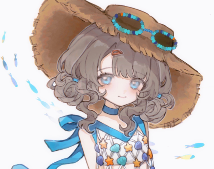 1girl, aa_huaju_pifa_ma_zong, bare_shoulders, blue_choker, blue_eyes, brown_hair, brown_hat, choker