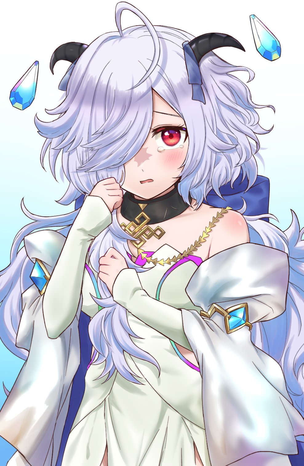 1girl, ahoge, bare_shoulders, black_collar, black_horns, breasts, collar, crystal, dress, eitr_(fire_emblem), facial_mark, fire_emblem, fire_emblem_heroes, floating, floating_object, grey_hair, hair_over_one_eye, highres, horns, long_hair, long_sleeves, miasuke, open_mouth, red_eyes, solo, upper_body, wavy_hair