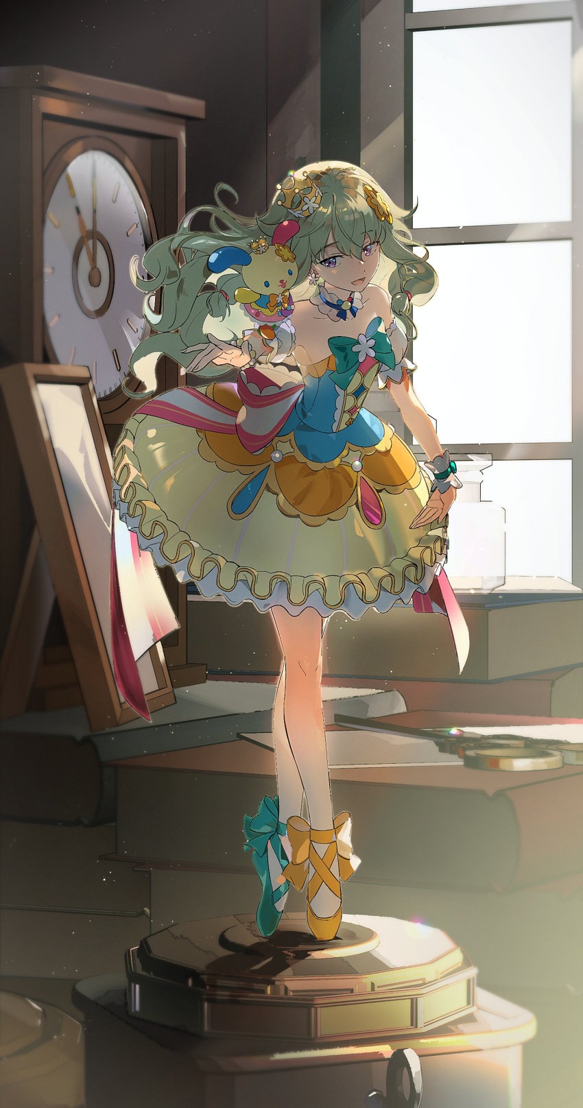 1girl, absurdres, animal, animal_on_arm, arm_up, asymmetrical_footwear, back_bow, ballerina, ballet, ballet_slippers, bare_legs, bare_shoulders, blue_ribbon, book, book_stack, bow, bow_flower, clock, creature, crown, dancing, detached_collar, detached_sleeves, dress, en_pointe, floating_hair, frilled_dress, frills, full_body, green_bow, green_footwear, green_hair, hashtag-only_commentary, head_tilt, highres, iwatnc, kusanagi_nene, long_hair, looking_at_animal, low-tied_sidelocks, mini_crown, mini_person, minigirl, mismatched_footwear, multicolored_bow, multicolored_clothes, multicolored_dress, music_box, official_alternate_costume, open_mouth, orange_bow, orange_footwear, outstretched_arm, picture_frame, pink_bow, pink_ribbon, project_sekai, puffy_detached_sleeves, puffy_sleeves, rabbit, ribbon, sanrio, smile, standing, strapless, strapless_dress, tutu, usahana, violet_eyes, white_sleeves, window, wrist_cuffs, yellow_dress