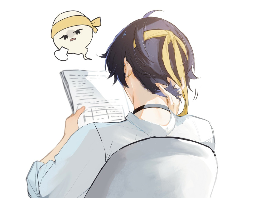 1boy, asaba_harumasa, black_choker, chair, choker, ear_piercing, english_commentary, from_behind