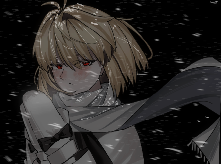 1girl, arcueid_brunestud, black_background, black_bow, blonde_hair, blush, bow, closed_mouth
