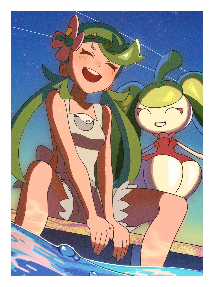 1girl, :d, =_(9_yawbus), ^_^, border, closed_eyes, commentary_request, green_hair, highres, long_hair, low_twintails, mallow_(pokemon), night, night_sky, open_mouth, outdoors, pokemon, pokemon_(creature), pokemon_sm, shooting_star, sitting, sky, smile, standing, steenee, swept_bangs, teeth, twintails, upper_teeth_only, water, white_border