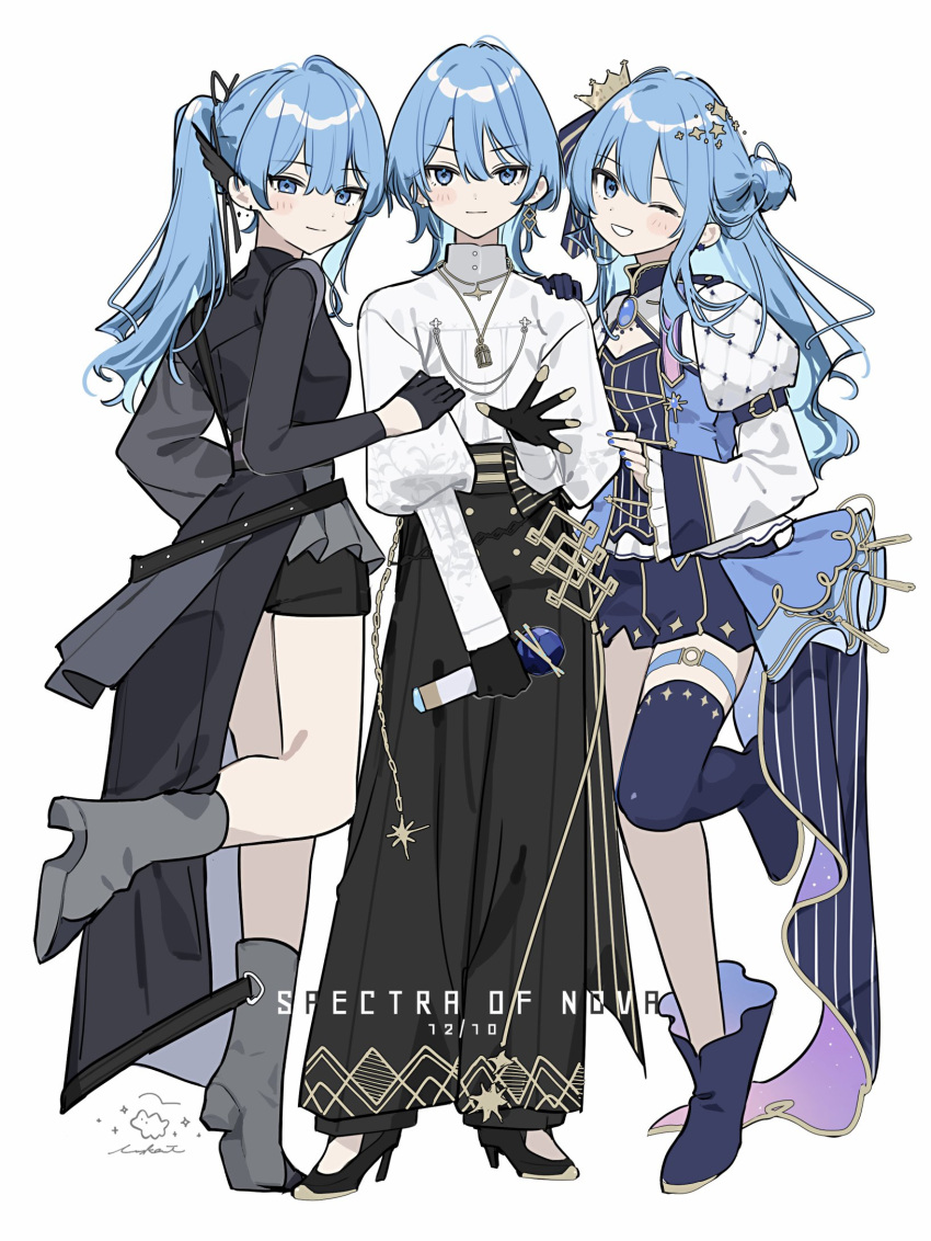 1girl, arm_belt, asymmetrical_legwear, asymmetrical_sleeves, bell-bottoms, black_dress, black_gloves, black_pants, black_shorts, blue_eyes, blue_footwear, blue_gemstone, blue_hair, blue_nails, blue_shorts, boots, brooch, crown, double-parted_bangs, dress, earrings, foot_up, frilled_sleeves, frills, full_body, gem, gloves, grey_footwear, hair_bun, hair_ornament, half_gloves, hand_on_another's_shoulder, high_heels, highres, holding, holding_microphone, hololive, hoshimachi_suisei, hoshimachi_suisei_(shout_in_crisis), hoshimachi_suisei_(spectra_of_nova), hoshimachi_suisei_(stellar_into_the_galaxy), idol_clothes, jewelry, long_hair, long_sleeves, microphone, mini_crown, necklace, one_eye_closed, overskirt, pants, puffy_long_sleeves, puffy_sleeves, quilted_clothes, shirt, shirt_tucked_in, short_shorts, shorts, side_ponytail, simple_background, single_earring, single_glove, single_thigh_boot, standing, standing_on_one_leg, star_(symbol), star_hair_ornament, tai_inukai, thigh_boots, thigh_strap, turtleneck, variations, virtual_youtuber, white_background, white_shirt, wide_sleeves, wolf_cut