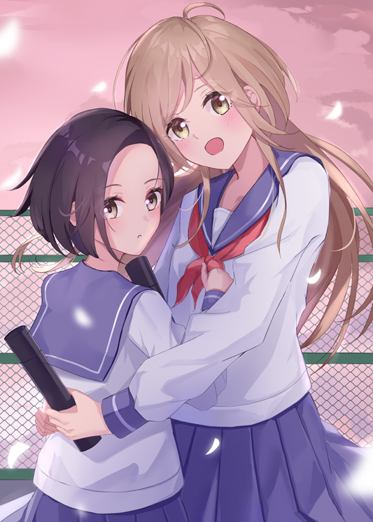 2girls, 310setsu, aoba_nanoha, black_hair, blue_sailor_collar, blue_skirt, blush, brown_eyes