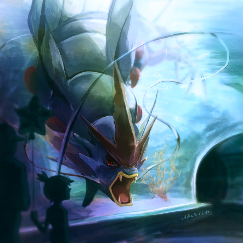 1girl, aquarium, balloon, baseball_cap, coral, gyarados, hat, highres