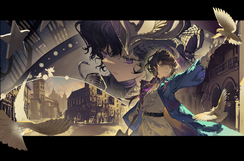 2girls, arm_up, belt, bird, black_belt, black_hair, blue_coat, blue_sky, brown_hair, building, coat, european_architecture, fishnet_veil, glasses, green_eyes, grey_hair, grin, highres, isolde_(and_all_that_jazz)_(reverse:1999), isolde_(reverse:1999), kakania_(reverse:1999), letterboxed, long_hair, long_sleeves, looking_at_animal, microphone_stand, multiple_girls, neckerchief, official_alternate_costume, parted_lips, portrait, puffy_long_sleeves, puffy_sleeves, purple_neckerchief, reverse:1999, round_eyewear, shirt, sky, smile, upper_body, violet_eyes, white_bird, white_shirt, yang_lizi