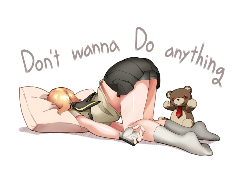 1girl, bike_shorts_under_skirt, black_shorts, black_skirt, blonde_hair, bridget_(guilty_gear), exhausted, fingerless_gloves, gloves, guilty_gear, guilty_gear_strive, head_on_pillow, highres, n0_image, roger_(guilty_gear), shorts, skirt, socks, stuffed_animal, stuffed_toy, teddy_bear, top-down_bottom-up