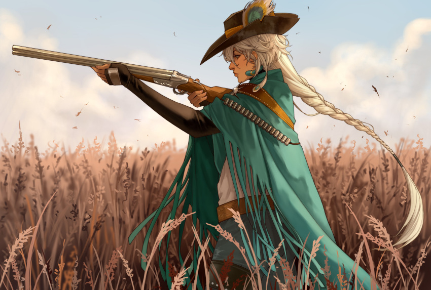 1girl, absurdres, aiming, annasassiart, aqua_cape, argus_(reverse:1999), blonde_hair, blue_pants