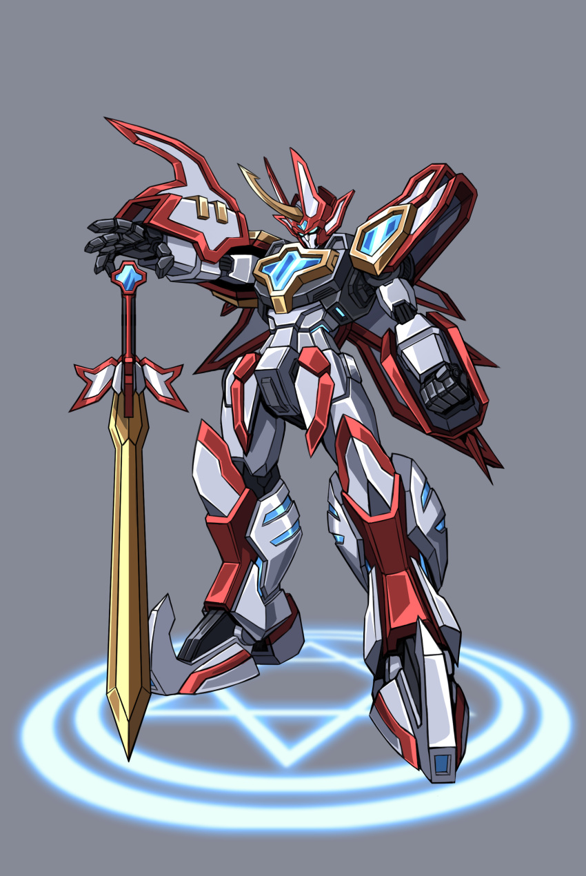 3ok, absurdres, blue_eyes, clenched_hand, full_body, grey_background, highres, horns