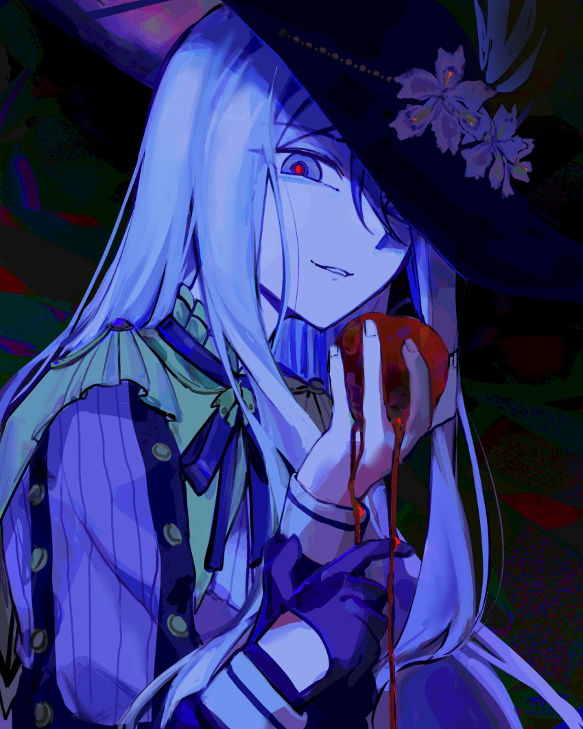 1girl, apple, black_gloves, black_hat, blue_eyes, blush, bug, flower, food, fruit, gloves, grey_hair, hair_between_eyes, hat, hat_flower, highres, hinatsu_924, holding, holding_food, holding_fruit, immiscible_discord_(project_sekai), long_hair, long_sleeves, looking_at_viewer, official_alternate_costume, pleated_shirt, project_sekai, ribbon, shirt, smile, solo, upper_body, very_long_hair, white_hair, yoisaki_kanade
