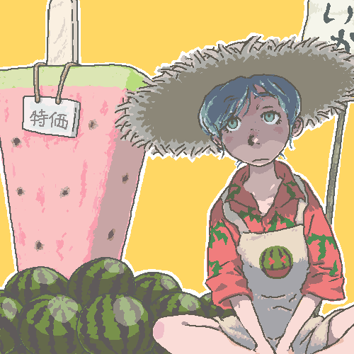 copyright_request, food, fruit, hat, lowres, solo, straw_hat, watermelon